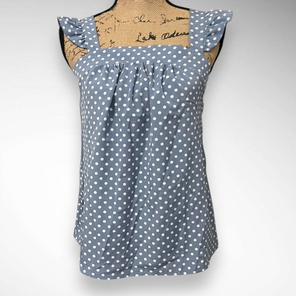 Blue and White Polka Dot Sleeveless Ruffle Straps Criss Cross Back Top | NWOT
